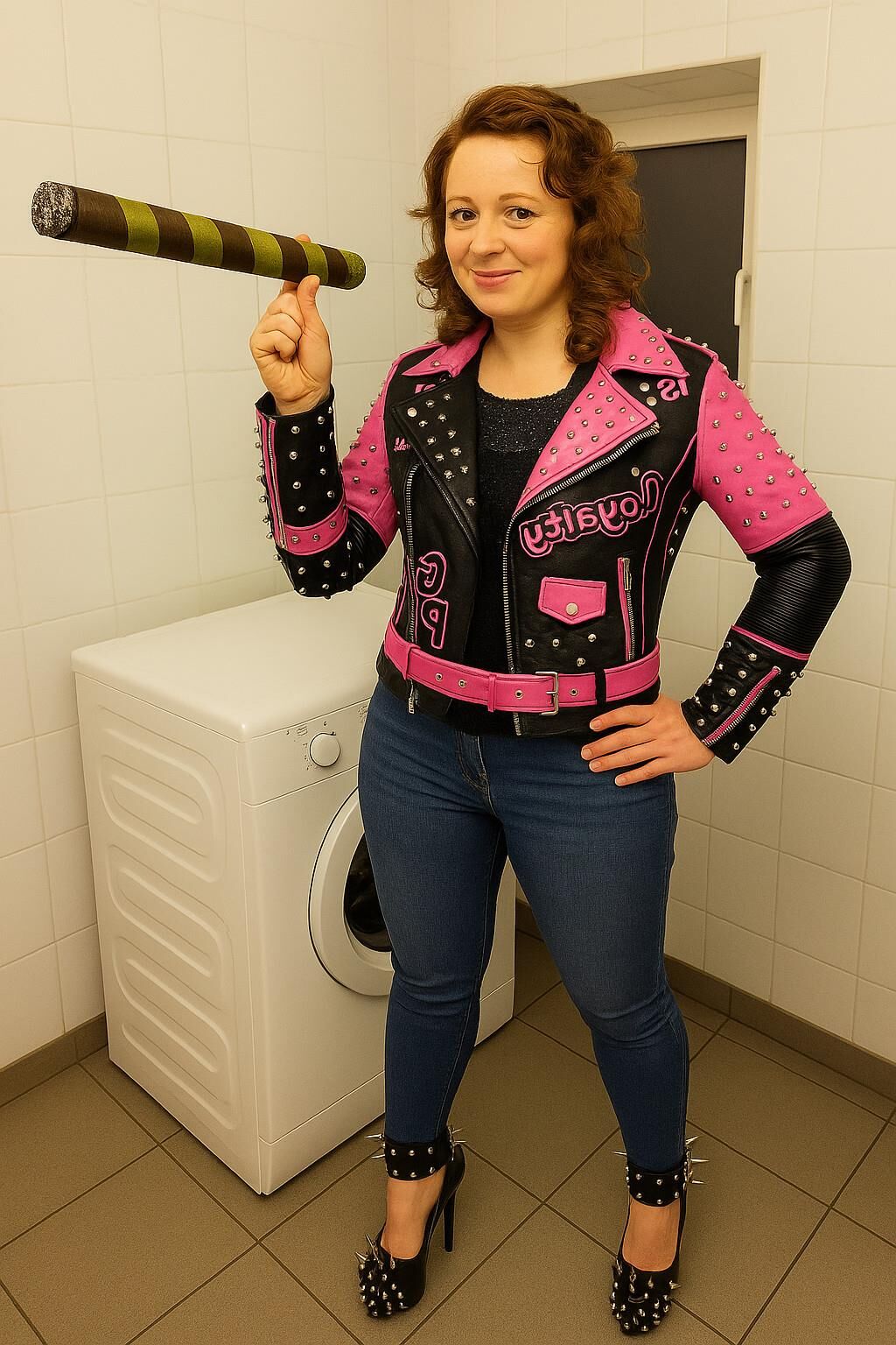 AI riesige Zigarre rauchen Fetisch Bilder Spezielle rosa Lederjacke