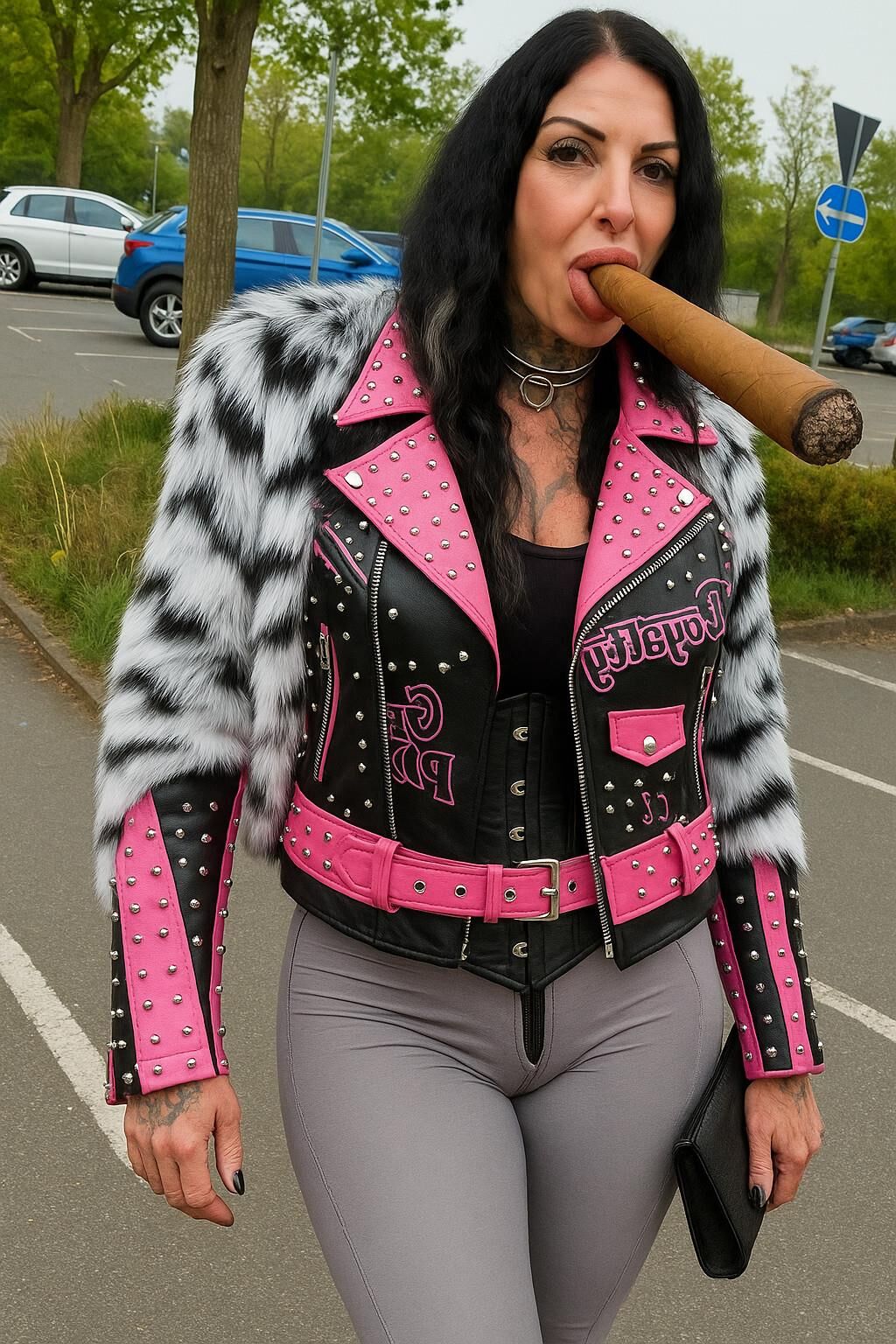 AI riesige Zigarre rauchen Fetisch Bilder Spezielle rosa Lederjacke