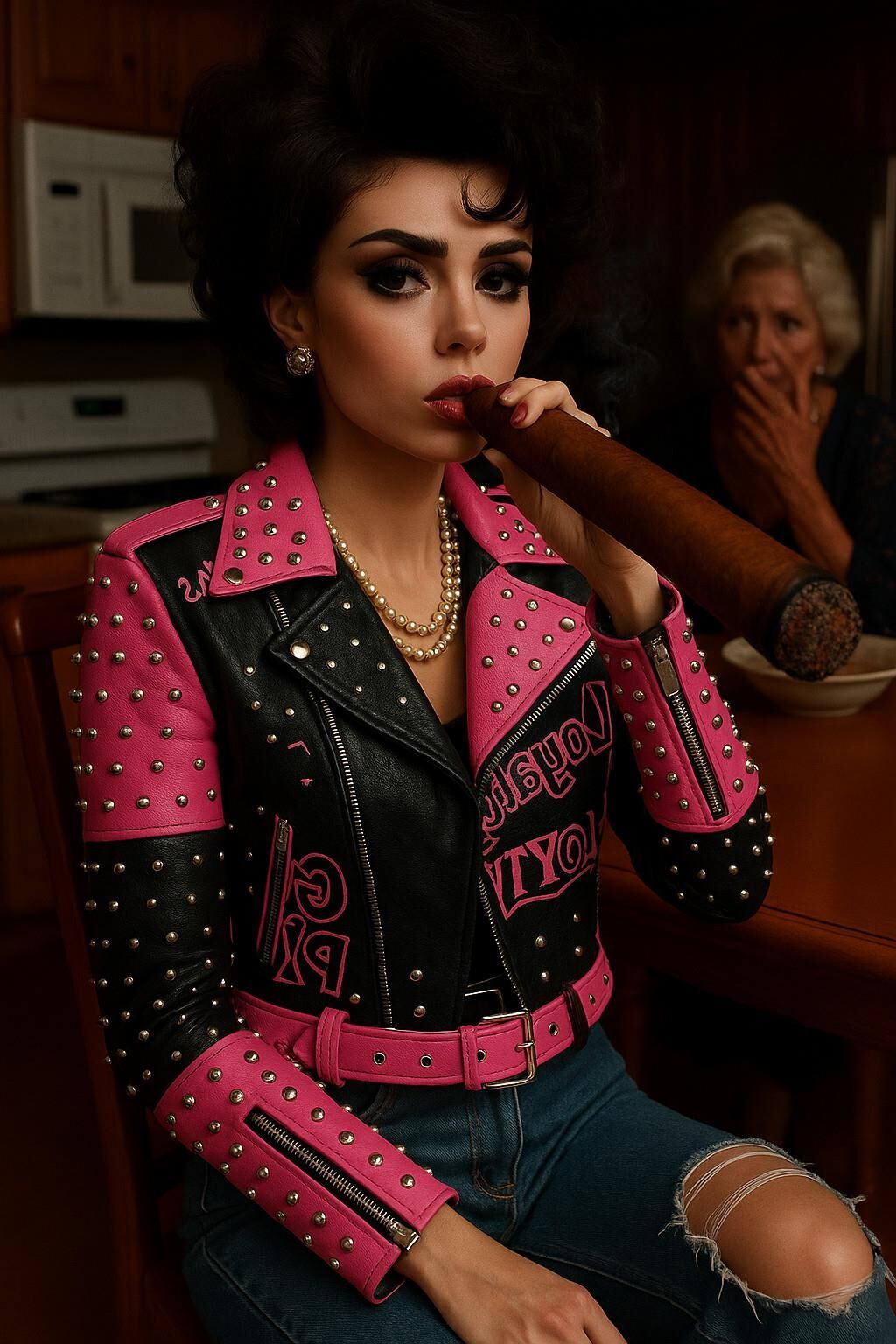 AI riesige Zigarre rauchen Fetisch Bilder Spezielle rosa Lederjacke
