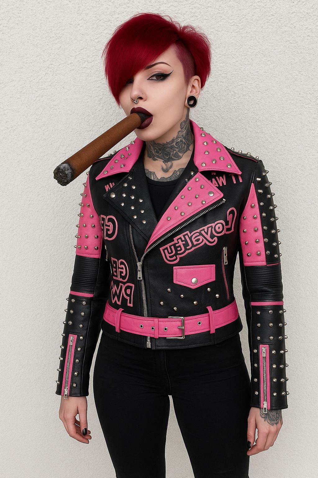 AI riesige Zigarre rauchen Fetisch Bilder Spezielle rosa Lederjacke