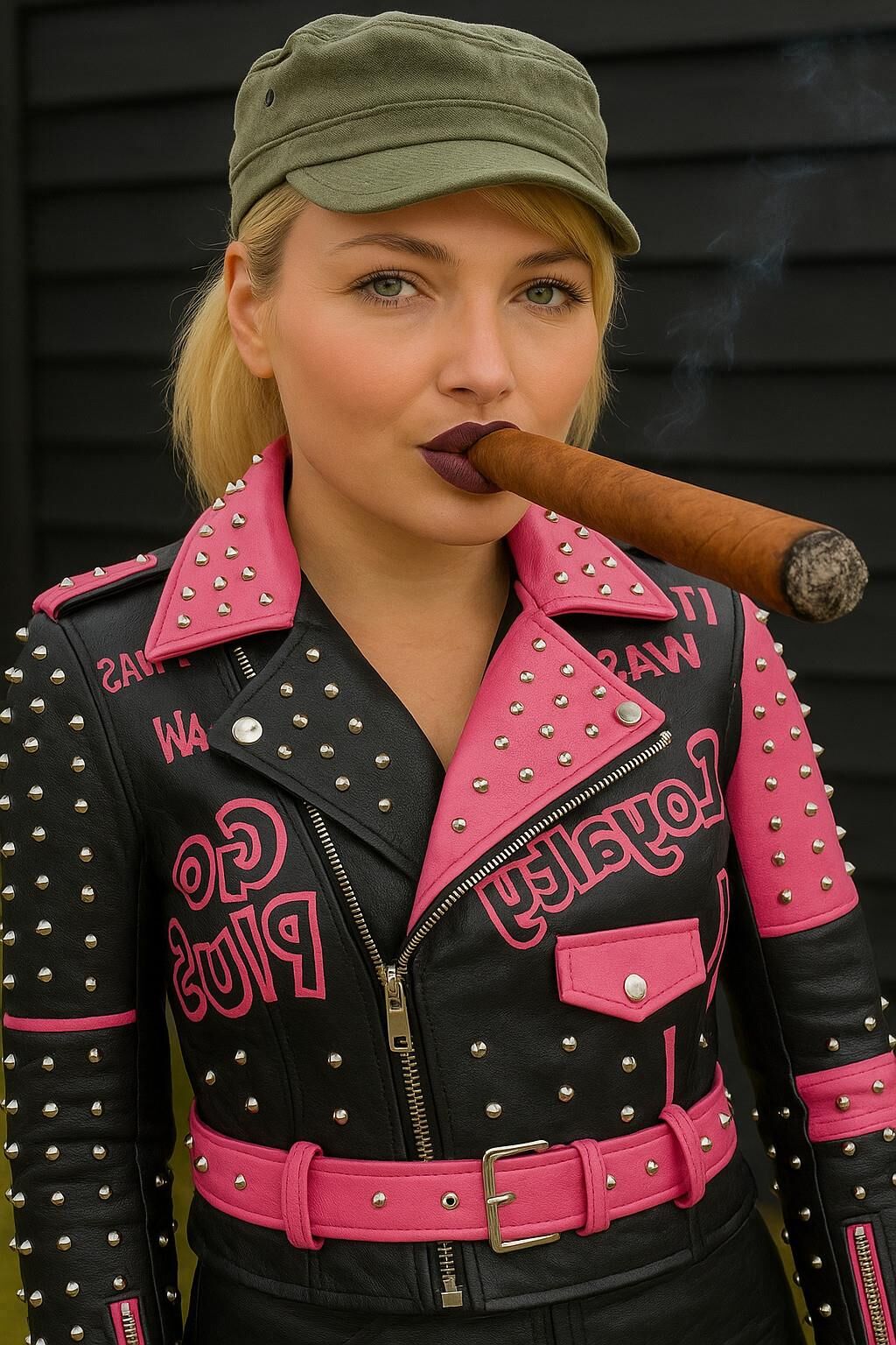 AI riesige Zigarre rauchen Fetisch Bilder Spezielle rosa Lederjacke