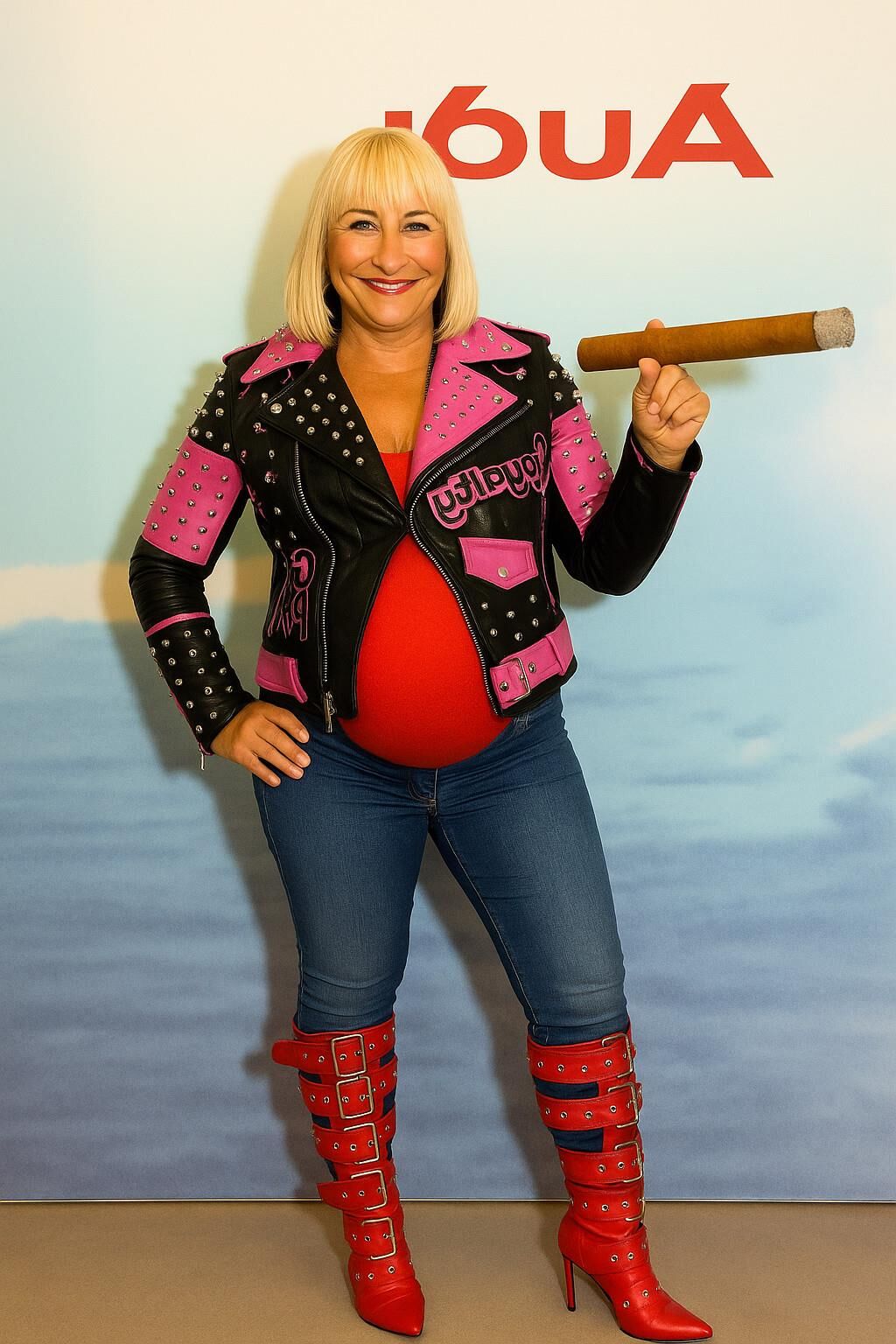 AI riesige Zigarre rauchen Fetisch Bilder Spezielle rosa Lederjacke