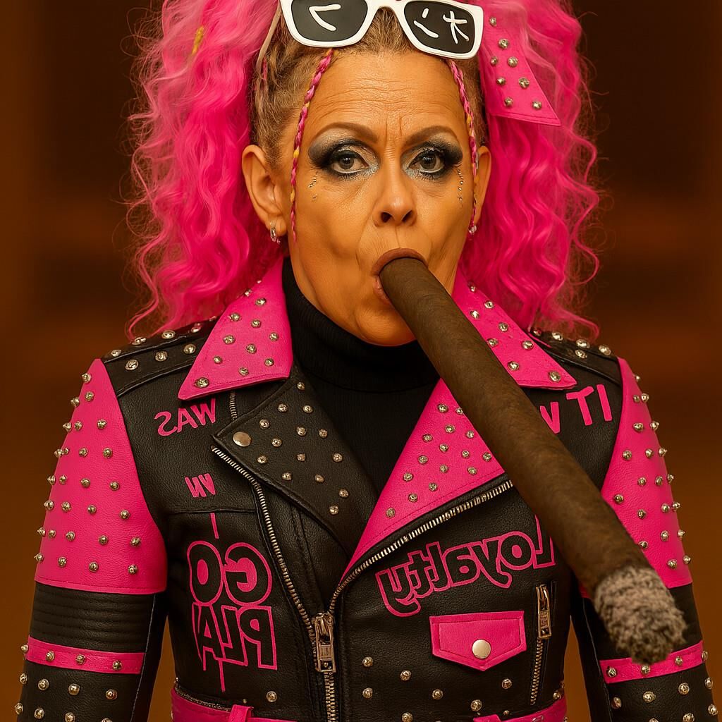 AI riesige Zigarre rauchen Fetisch Bilder Spezielle rosa Lederjacke